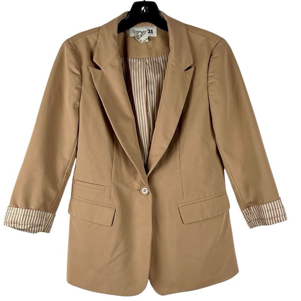 Forever 21 Tan Blazer Contrast Striped Lining Foldable Cuffs Small